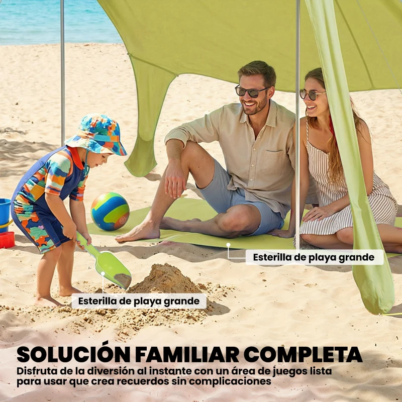 Outsunny Carpa Playa Plegable con Esterilla UPF50+ Postes de Aluminio Pala Estacas y Bolsa de Transporte Verde