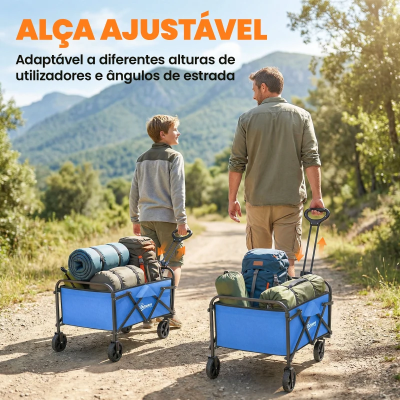 Outsunny Carrinho de Jardim Dobrável com Rodas Punho Ajustável Carga 68 kg para Camping Compras 81x45x89 cm Azul