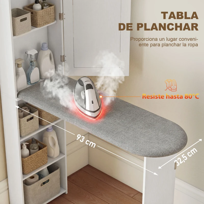 HOMCOM Mueble de Plancha con Espejo Tabla de Planchar Plegable 6 Compartimentos 2 Ganchos 107x35x174 cm Blanco