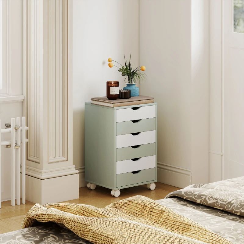 HOMCOM Bloco de Gavetas Móvel Arquivador com 6 Gavetas Suporte para Impressora com Rodas 40x35x63 cm Verde e Branco