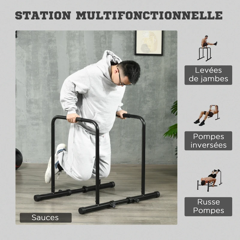 SPORTNOW Dips Barre Parallèle Station de Musculation en Acier, Hauteur et Espacement Réglables, 90-102x65x80-90cm, Noir