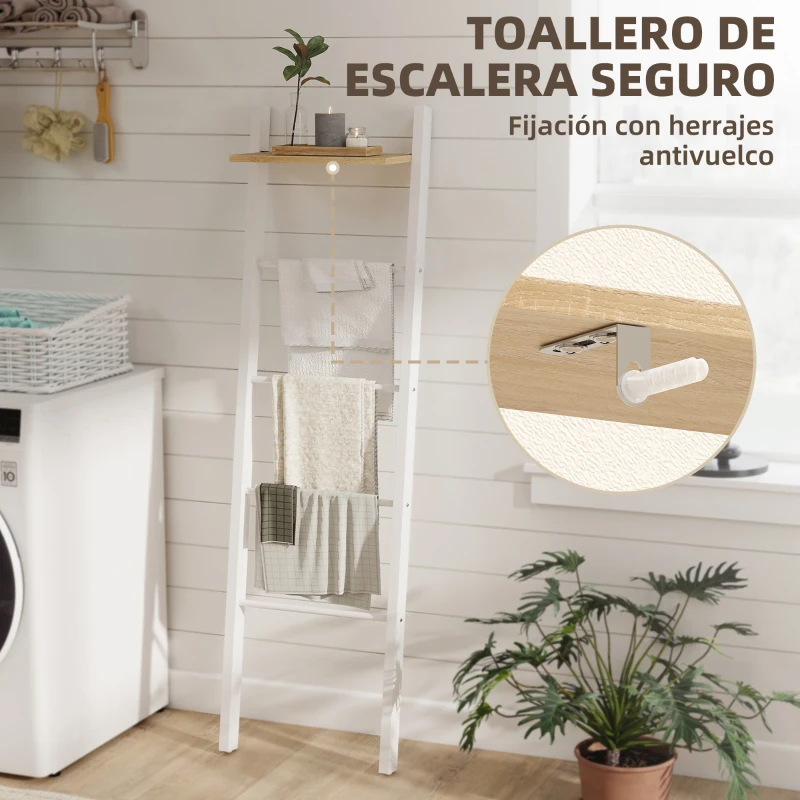 HOMCOM Toallero Escalera con Estante Superior y 4 Barras Toallero de Baño para Apoyar en Pared 43x20x151 cm Blanco y Roble
