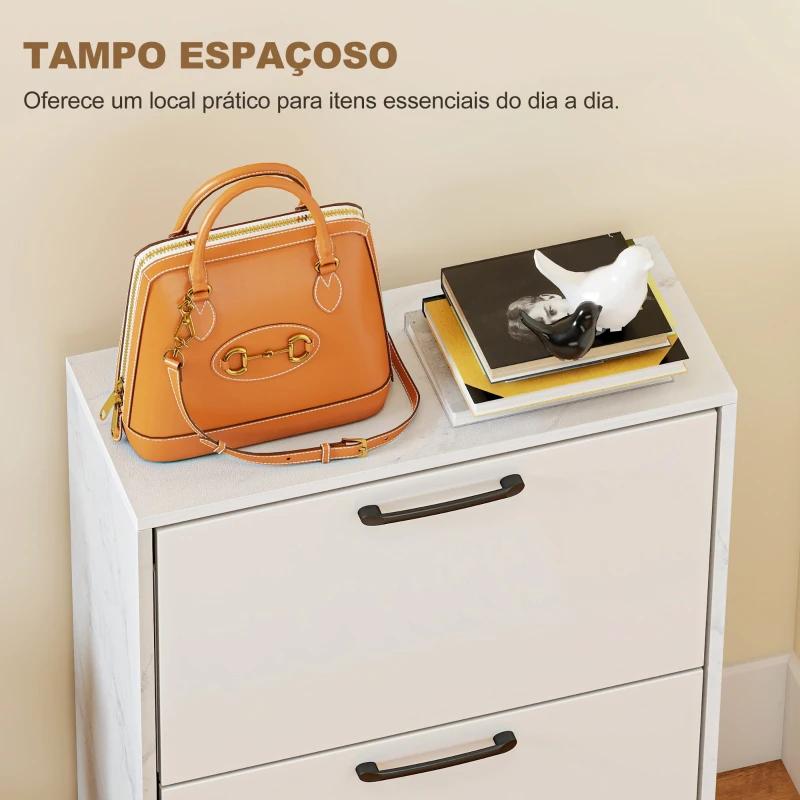 HOMCOM Sapateira Estreita 2 Portas de Alto Brilho com Prateleiras Ajustáveis Design Mármore para 8 Pares de Sapatos 60x24x80 cm Branco