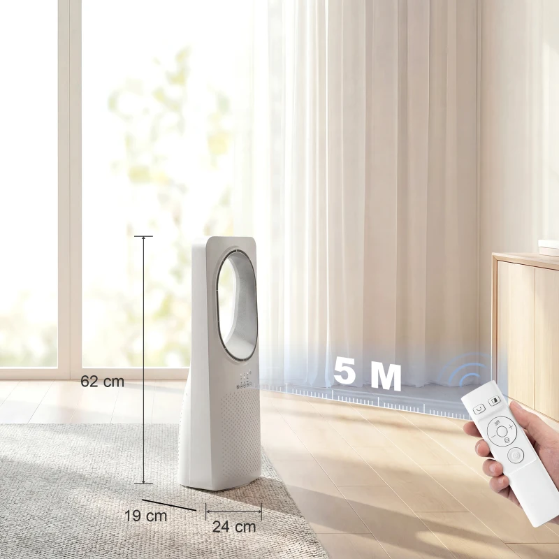 HOMCOM Ventilator tip turn fără palete pentru dormitor, 36 dB ventilator staționar cu oscilație 45°, 3 trepte, 3 moduri, temporizator 15 ore, Alb