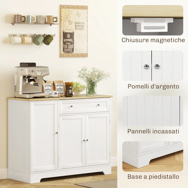 HOMCOM Credenza Moderna con Spazio di Archiviazione, Mobile Buffet con Cassetto, Ripiani Regolabili, Piccola Dispensa da Cucina con Ripiani Porta, Bianco