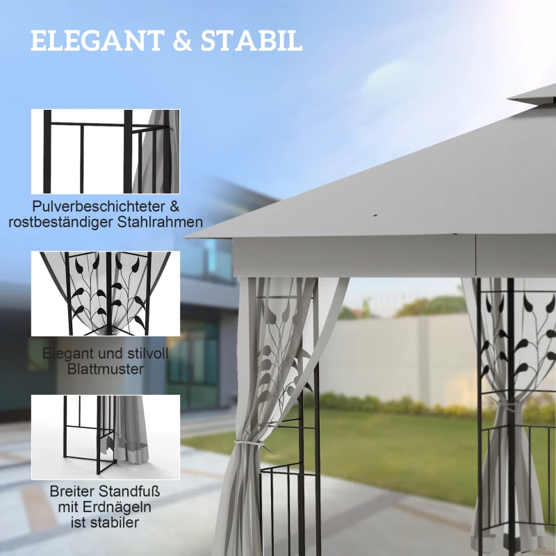 Outsunny Pavillon mit Doppeldach, 3x3 m Wasserabweisend Stabil Winterfest Gartenpavillon mit Moskitonetz Hellgrau
