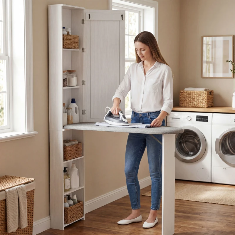 HOMCOM Mobile Asse da Stiro Pieghevole a 6 Ripiani con Specchio e 2 Ganci, in Legno e Poliestere, 107x35x174 cm, Bianco