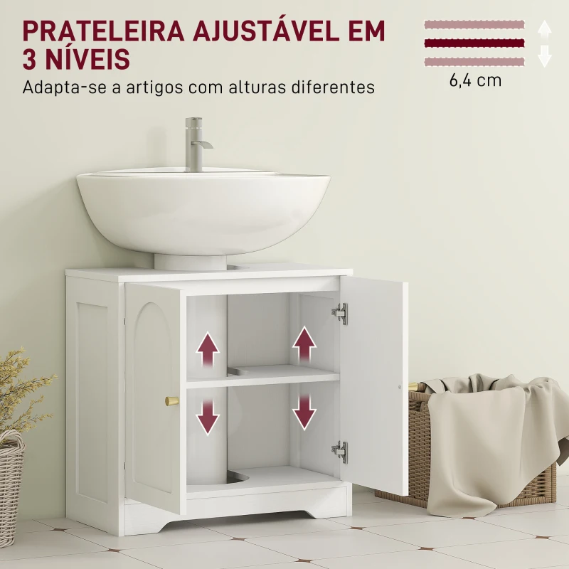HOMCOM Móvel para Lavatório Pousar com 2 Portas em Arco Puxadores Dourados para Lavatório com ou sem Pedestal 60x30x65 cm Branco