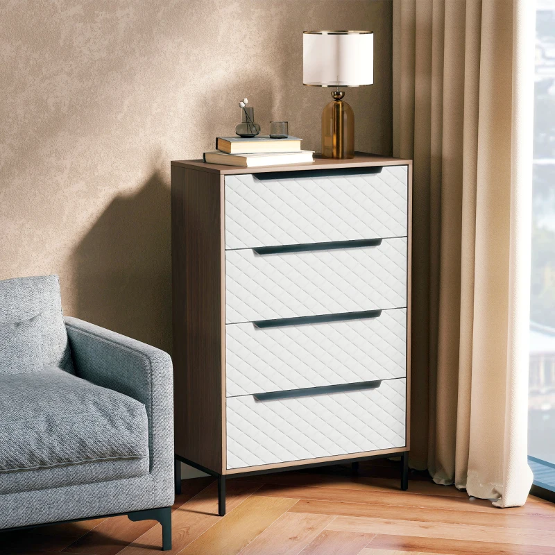 HOMCOM Cómoda com 4 Gavetas de Tecido Frentes com Padrão de Diamante Móvel de Arrumação 59,5,5x30x92,5 cm Madeira e Branco