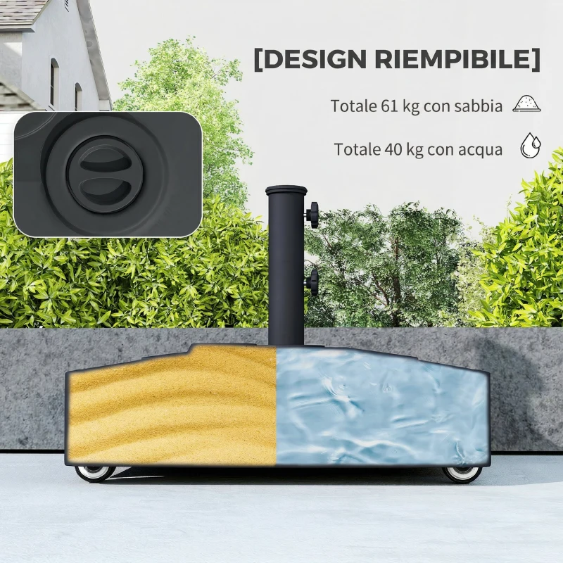 Outsunny Base per Ombrellone a Rotelle con Freni, con Acqua 40kg/Sabbia 61kg, per Pali Ombrelloni da Ø35/38/48mm, Nero