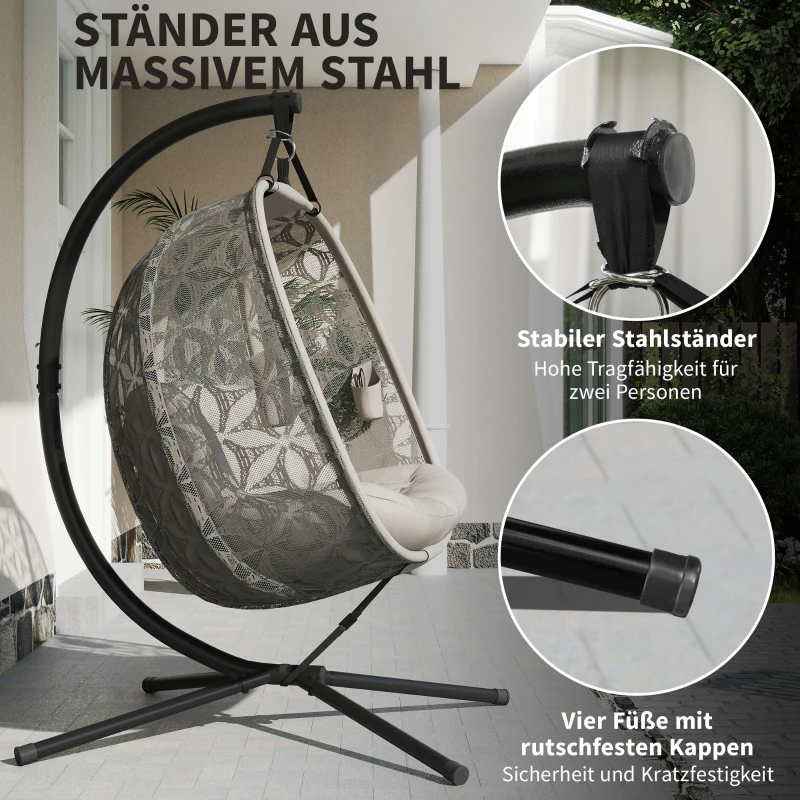 Outsunny Hangstoel met Frame voor 2 Personen, Opvouwbare Hangmand met Dikke Kussens, Bekerhouders en Veiligheidsriem