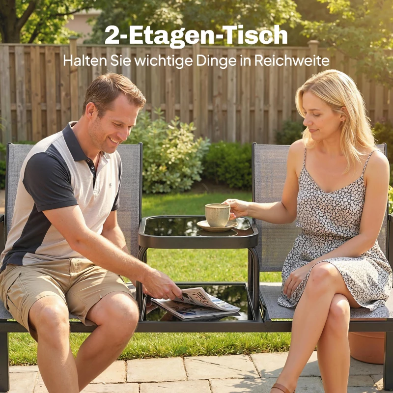 Outsunny 2-Sitzer Gartenbank Sitzbank mit Rücken- & Armlehnen, 2-stufigem Glastisch Parkbank 240kg belast 135 x 67 x 81 cm Grau