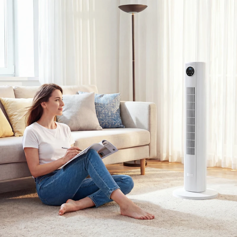 HOMCOM 28dB Tower Fan for Bedroom, 36 inch, 8 m/s Velocity Standing Cooling Fan with 80° Oscillating, BLDC Motor, 12 Speeds, LED Display, 4 Modes, 12H Timer, Remote Control, White