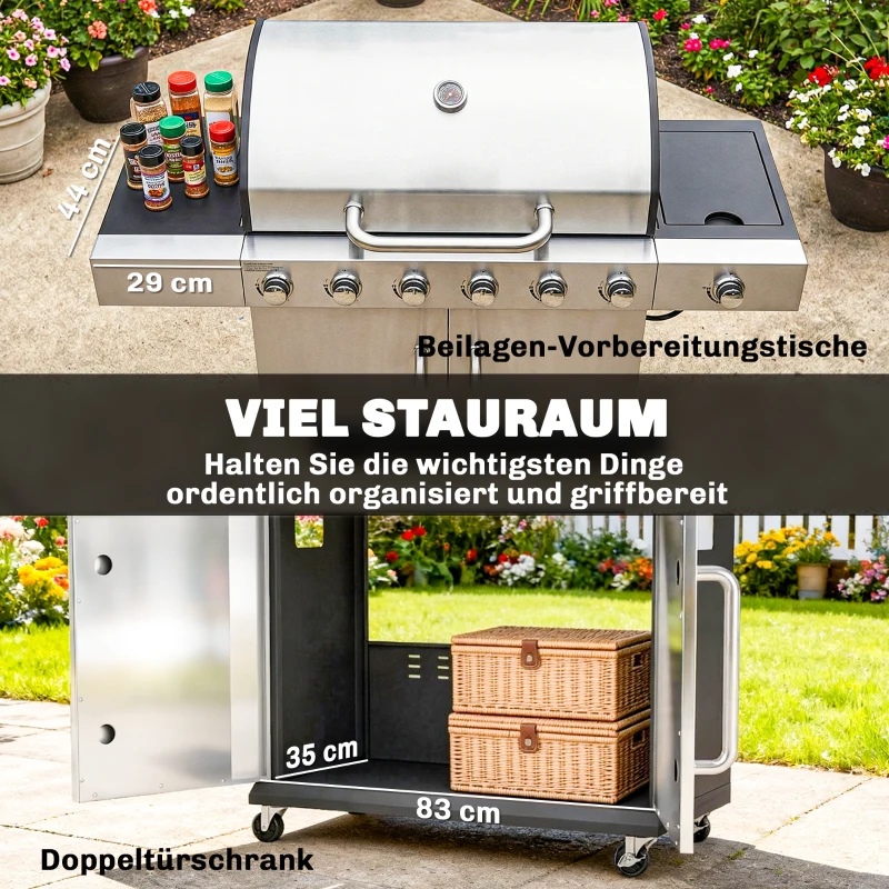 Outsunny Gasgrill 18,6 KW 6+1 Brenner BBQ Grillwagen aus Edelstahl inkl Rolle Thermometer Warmhalterost Seitentisch Unterschrank