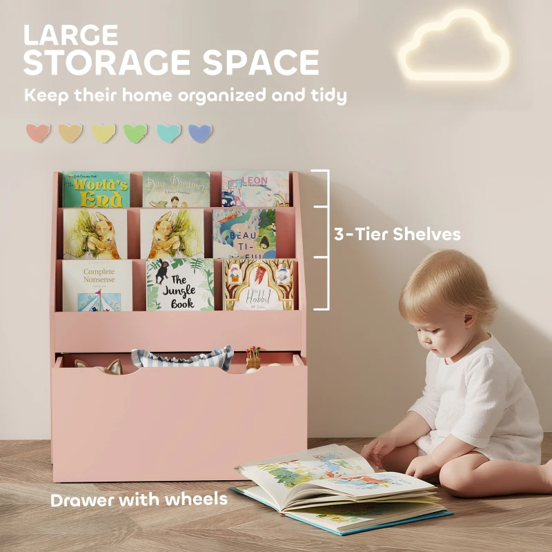 AIYAPLAY Bookcase for Kids with Shelves, Drawer, Bookcase for Bedroom, Playroom, Pink