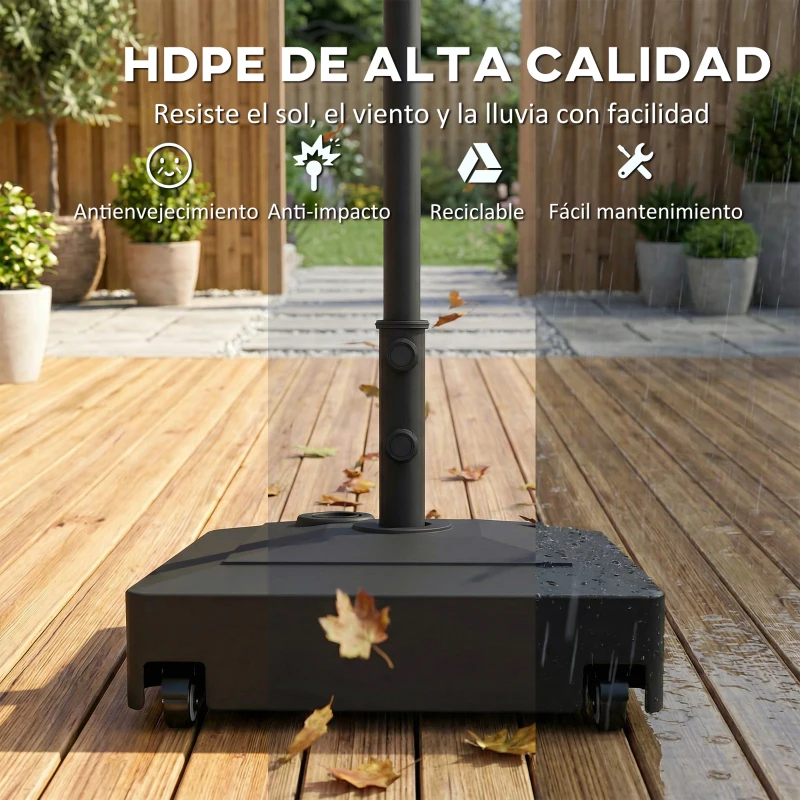 Outsunny Base para Sombrilla Cuadrada con Ruedas para Sombrilla de Postes Ø35/38/48 mm, Rellenable Arena 61kg o Agua 40kg Negro