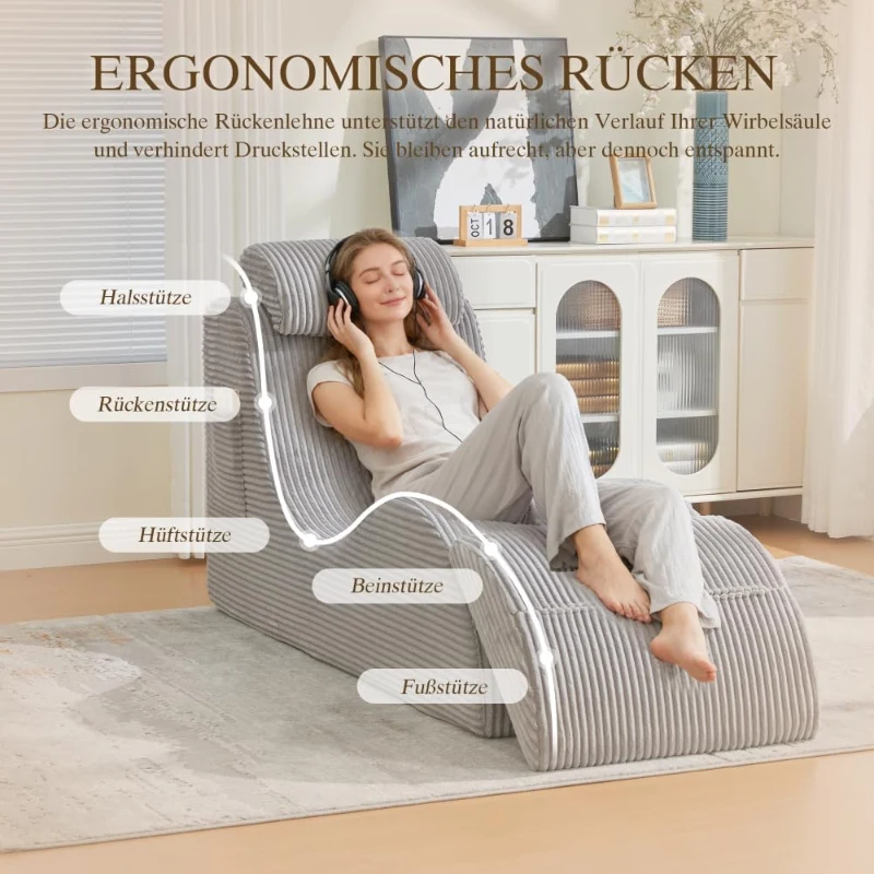 Moderner Freizeit-Sessel mit ergonomischer Rückenlehne, abnehmbarem Sitzkissen und Seitentasche, 160 x 66 x 90 cm, Hellgrau