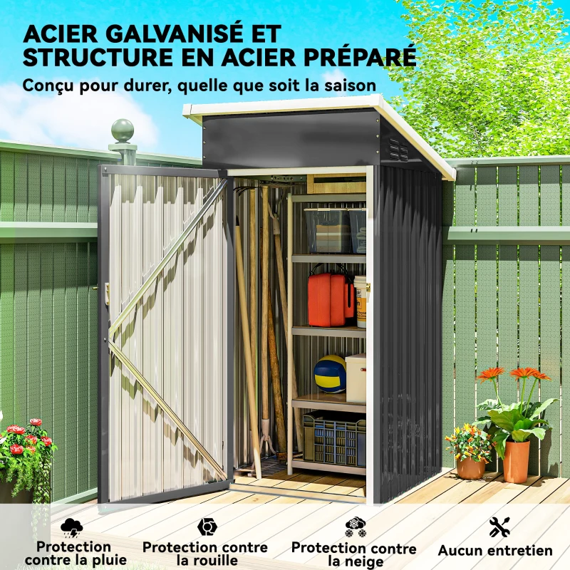 Outsunny Abri de jardin en métal, cabane de jardin, porte verrouillable, toit incliné, aérations et gants, 107,5x91x185cm, gris