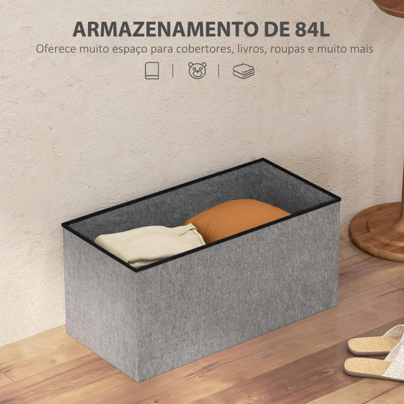 HOMCOM Baú de Arrumação 84L Puff de Arrumação Dobrável Estofado em Linho Sintético com Tampa 76x38x38 cm Cinzento Claro