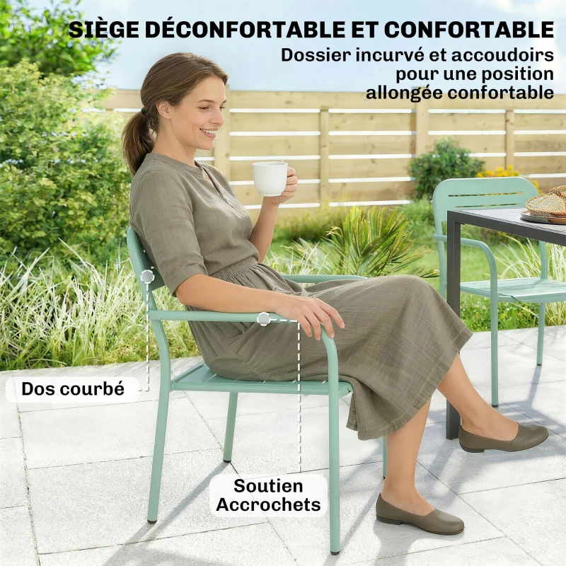 Outsunny Lot de 2 Chaises de Jardin Salon de Jardin Empilable Résistant aux Intempéries avec Accoudoirs 56x58x78cm Vert