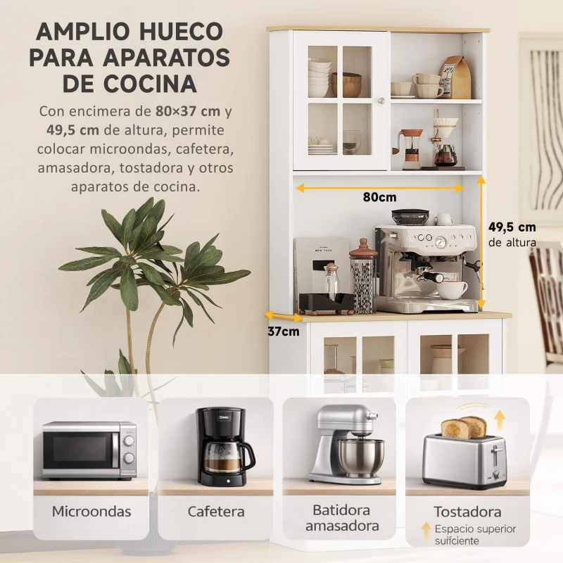 HOMCOM Alacena de Cocina con Estantes y Puertas de Vidrio para Pequeños Electrodomésticos y Menaje 80x37x183 cm Blanco