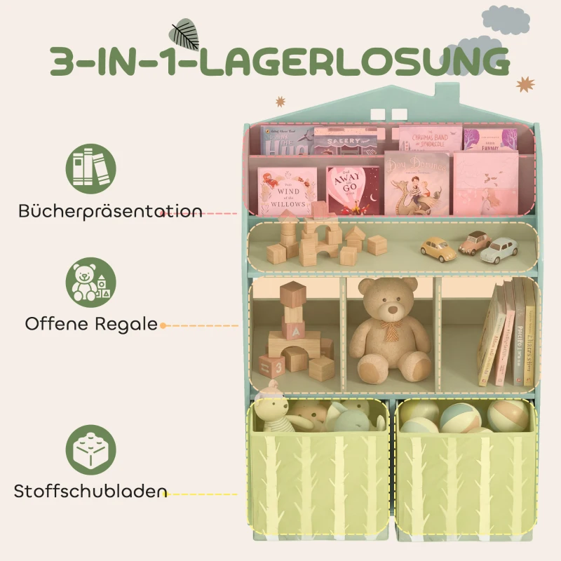 AIYAPLAY Kinderregal Bücherregal Kinder mit 2 Stoffschubladen offen Regal für 3-8 Jahre 62,5x30x91,5 cm Grün