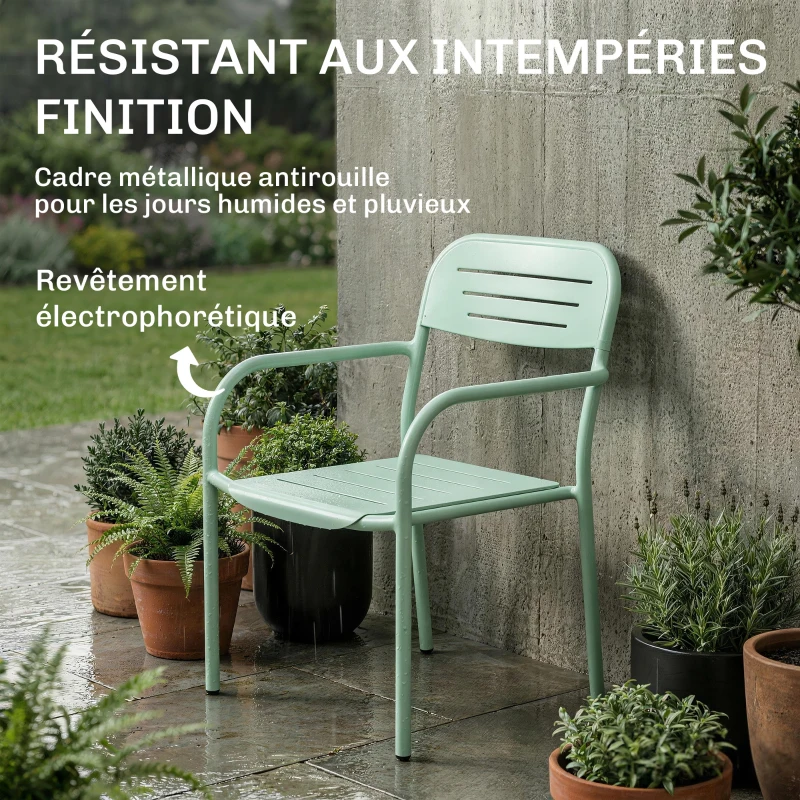 Outsunny Lot de 2 Chaises de Jardin Salon de Jardin Empilable Résistant aux Intempéries avec Accoudoirs 56x58x78cm Vert