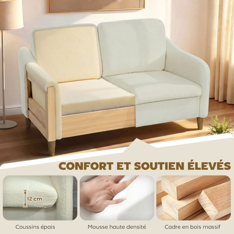 HOMCOM Canapé 2 places, canapé de salon en tissu bouclette avec coussins inclus, assise rembourrée, 137 x 69 x 82 cm, crème