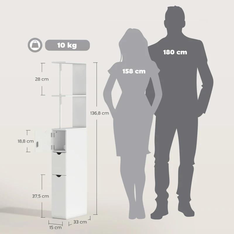 HOMCOM Meuble colonne salle de bain armoire de salle de bain avec tiroirs étagères ouvertes placard 15 x 33 x 136,8 cm blanc