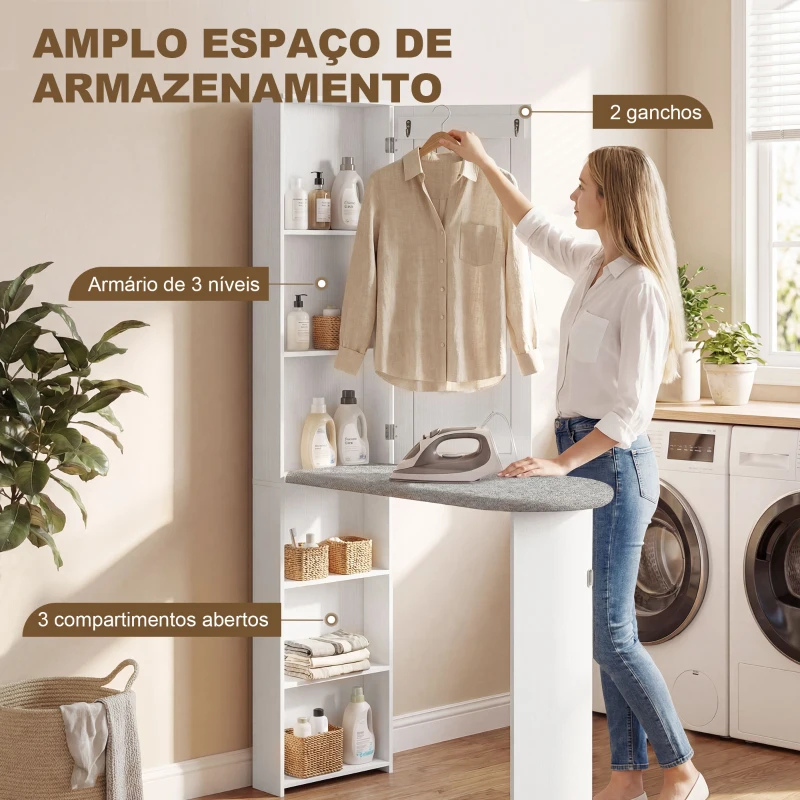 HOMCOM Móvel de Engomar com Espelho Tábua de Engomar Dobrável 6 Compartimentos 2 Ganchos 107x35x174 cm Branco