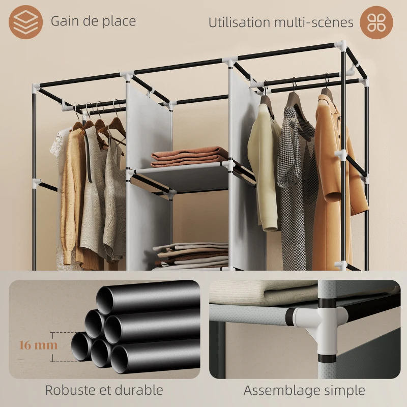 HOMCOM Armoire penderie multi-rangement - 8 étagères, 2 barres - non tissé gris