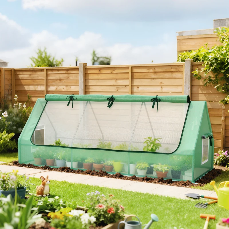 Outsunny Mini serre de jardin mini serre tunnel 240 x 90 x 90 cm toit pointu acier PE 3 fenêtres en filet enroulables vert