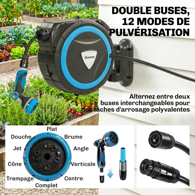 Outsunny Enrouleur Tuyau Arrosage Mural 14+1,5 m avec Verrou et Adaptateurs, Pivotant à 180°, 12 Pulvérisations, 49x15x37cm, Bleu