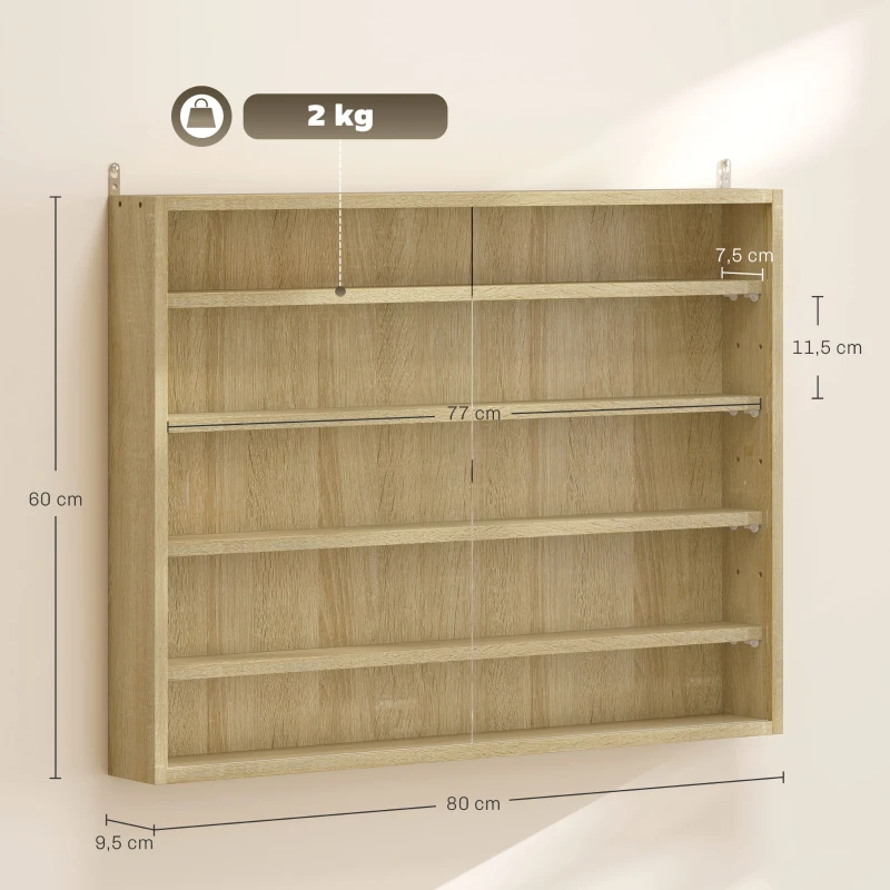 HOMCOM Vitrine de Parede de Madeira com Prateleiras Ajustáveis e 2 Portas Corredeiras de Vidro para Coleções 80x9,5x60 cm Carvalho