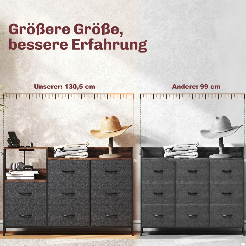 HOMCOM Kommode mit 8 Stoffschubladen, Stahlrahmen, Ladestation, Rustikal-Braun+Schwarz