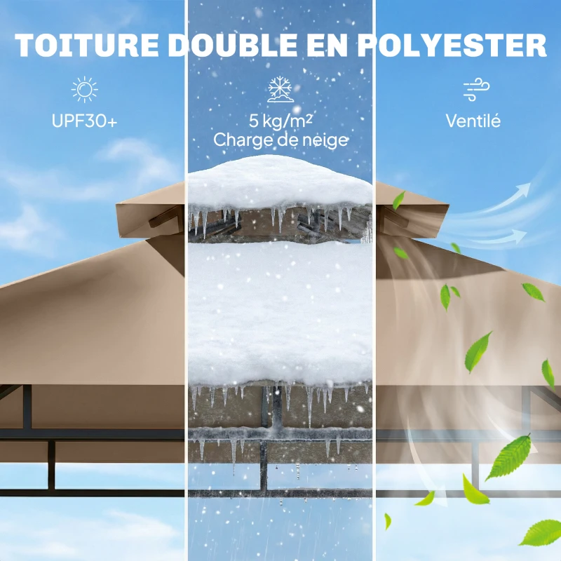 Outsunny Abri barbecue extérieur, tonnelle de jardin 245x146x255cm en métal, double toit, 2 étagères latérales, marron