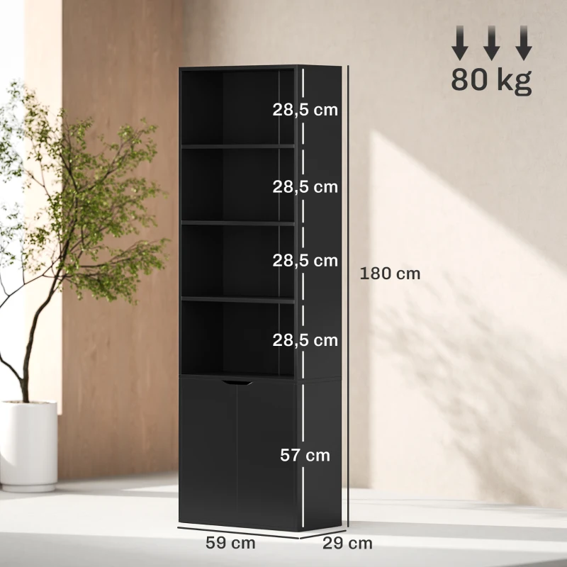 HOMCOM Estante para Livros de 6 Níveis Portas e 4 Prateleiras Abertas para Sala Escritório 59x29x180 cm Preto