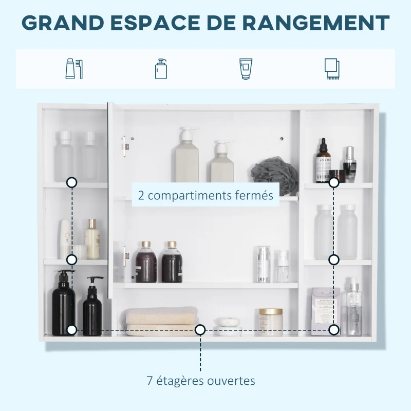 kleankin Armoire murale salle de bain avec miroir, meuble salle de bain, 7 étagères ouvertes et placard,100 x 15 x 70 cm, blanc