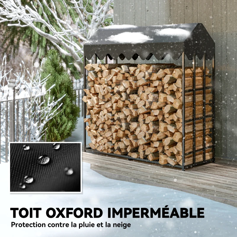 Outsunny Range bûches extérieur, étagère à bûches avec housse de protection 600D Oxford capacité 1,9 m³, acier 186x70x185cm noir