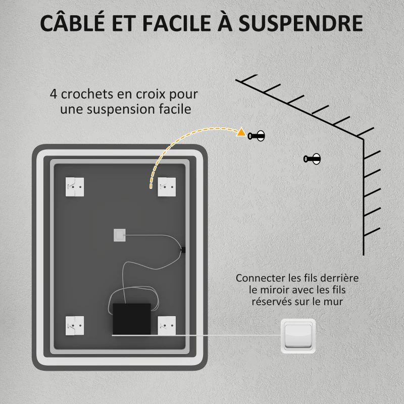 HOMCOM Miroir de salle de bain rectangulaire LED fonction anti-buée luminosité réglable fonction mémoire 70 x 90 cm argent