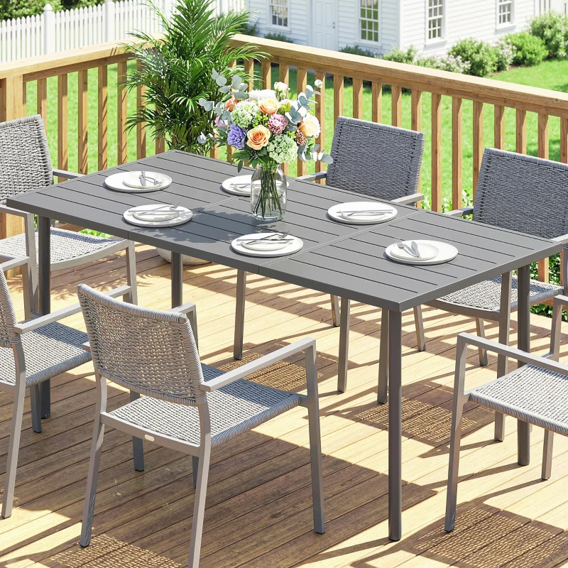 Outsunny Table de jardin pour 6 personnes, 165 x 80 cm, table à manger extérieure rectangulaire avec plateau à lattes en métal