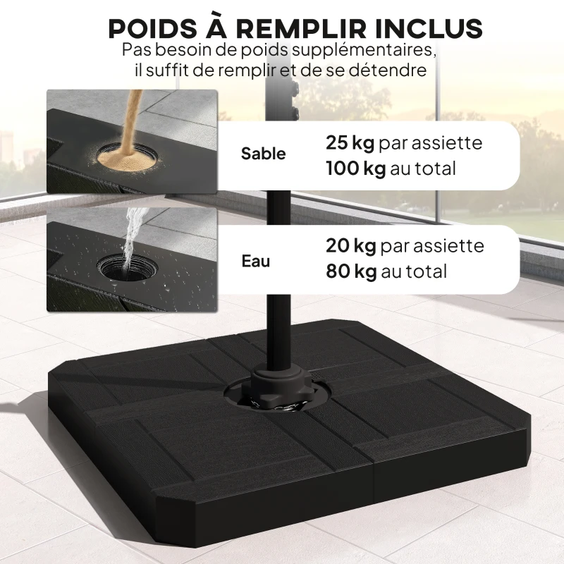 Outsunny Parasol déporté carré parasol de jardin extérieur pied et dalles de lestage mât aluminium protection UV50+2,4x2,4m kaki