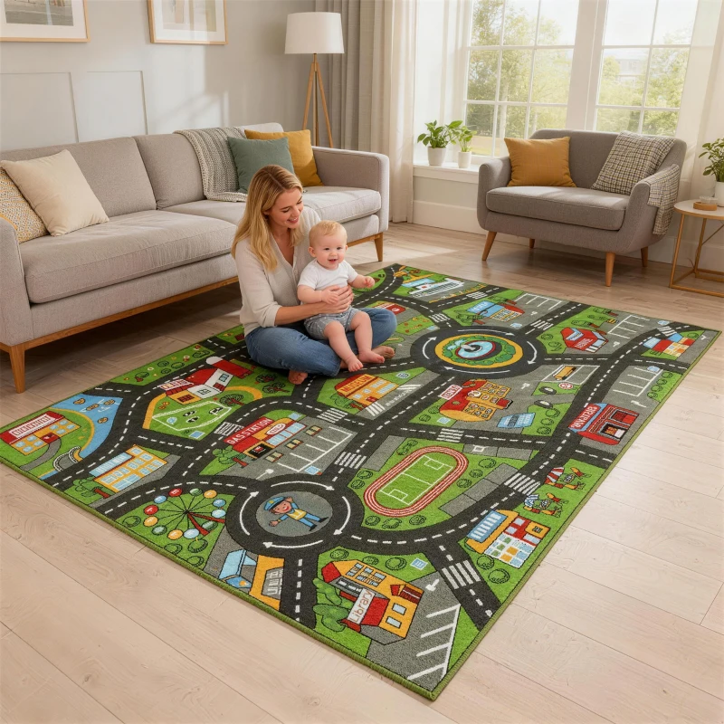 AIYAPLAY Tapis de jeu pour bébé, tapis de sol antidérapant, motif de route de la ville, 200 x 150 cm, multicolore