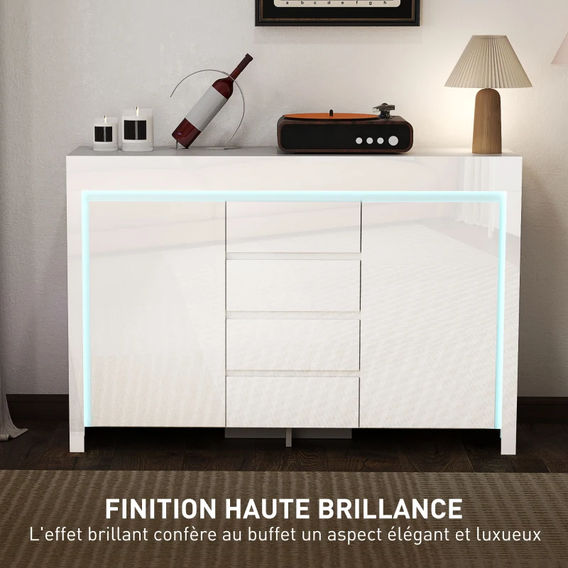 HOMCOM Buffet salon, meuble de rangement avec éclairage LED 4 tiroirs portes à fermeture douce 120 x 34 x 80 cm, blanc brillant