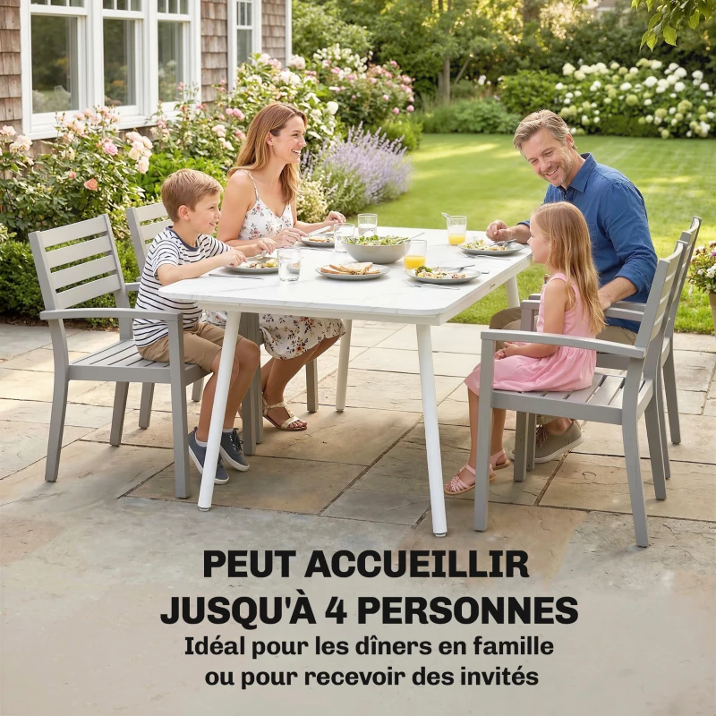 Outsunny Table de Jardin Rectangulaire pour 4-6 Personnes, Plateau en WPC et Cadre en Métal, Pieds Réglables, 140x80x75cm, Blanc