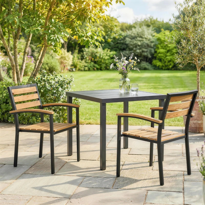 Outsunny Lot de 2 Chaises de Jardin Empilables en Acier, Accoudoir Assise et Dossier en Bois Massif à Lattes, 56x59x84cm, Naturel