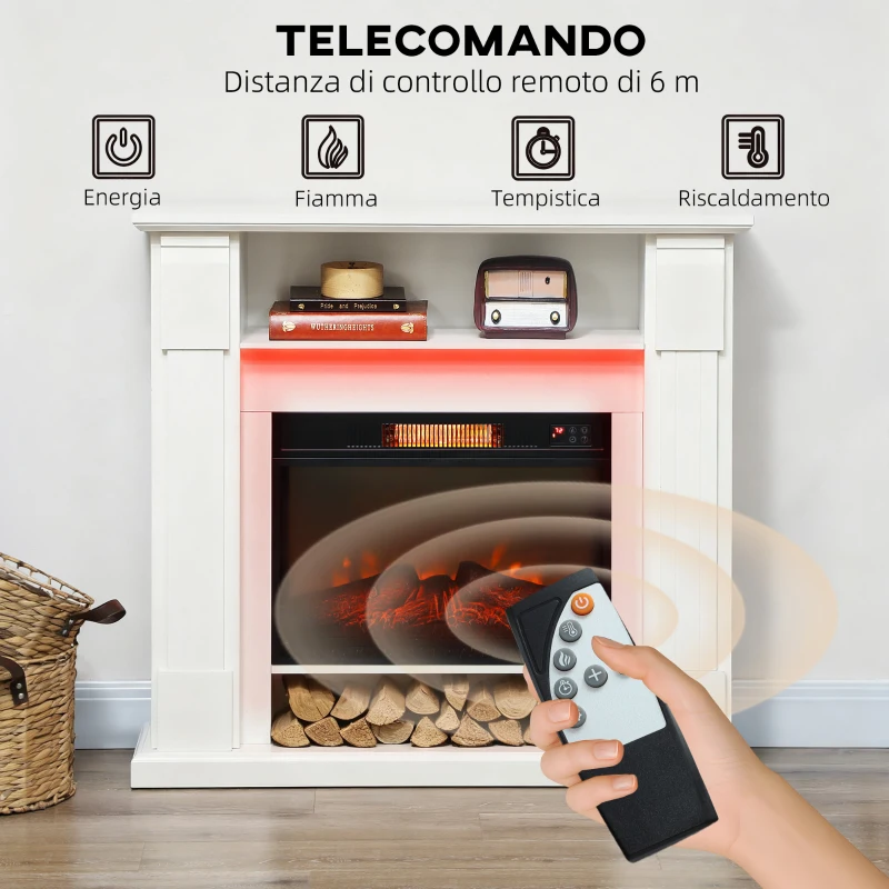 HOMCOM Camino Elettrico 1800W Regolabile con Fiamma 3D, Ripiano, Timer e Telecomando, 105x27x97 cm, Bianco