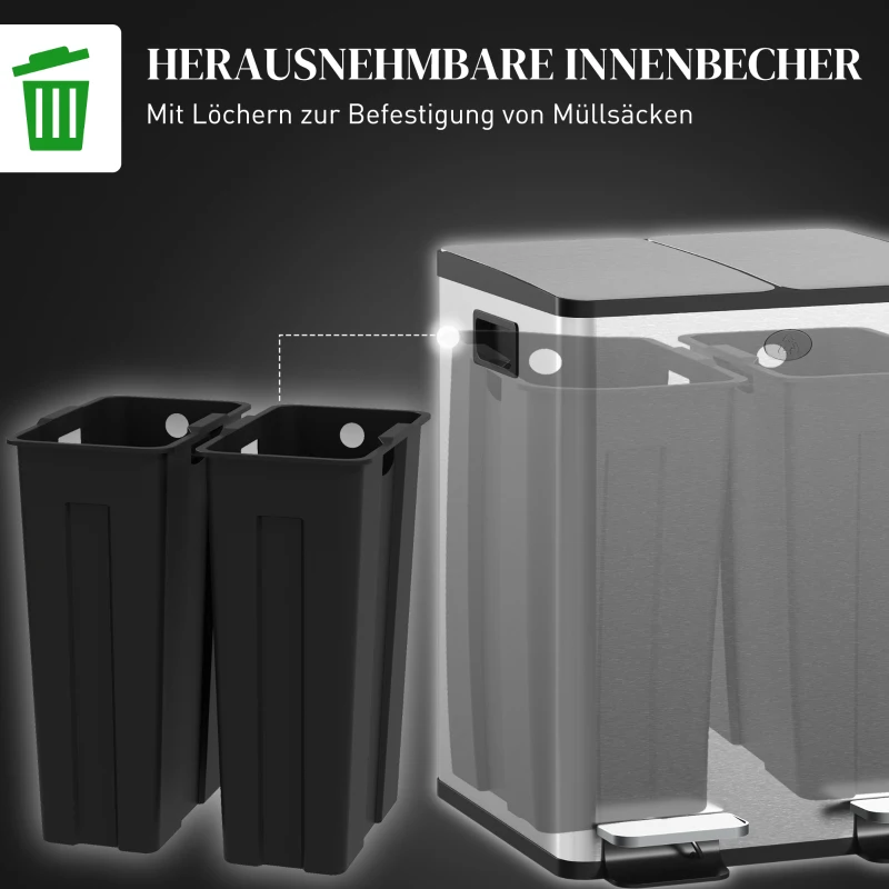 HOMCOM 2 x 20 L Doppelmülleimer, Pedalöffnung, leicht zu reinigen, Edelstahl, Kunststoff, Silber