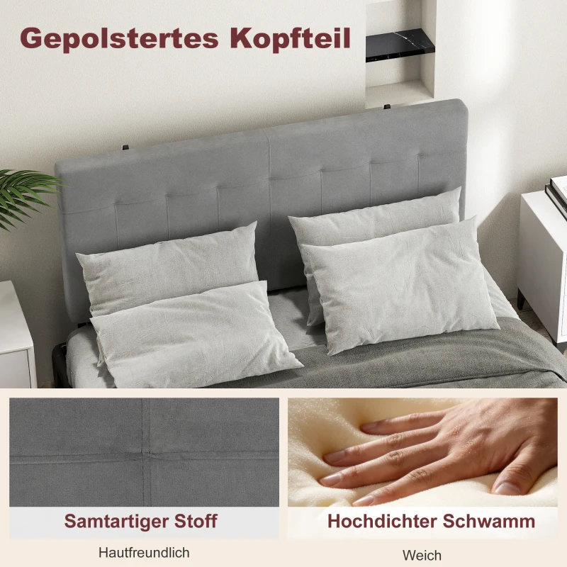 HOMCOM Kopfteil 3-fach höhenverstellbar Bettkopfteil mit Metallbeinen Samtoptik für Schlafzimmer 140x10x106/116/126 cm Grau