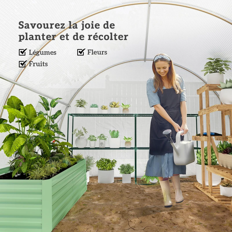 Outsunny Serre de jardin tunnel 13,5 m² 6 fenêtres, porte zippée enroulable châssis acier galvanisé, bâche PE 4,5 x 3 x 2 m blanc